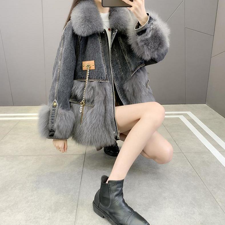 2025 New Autumn and Winter Denim Fashion Fox Fur Young Parka Women's Short down Jacket Fur Jacket