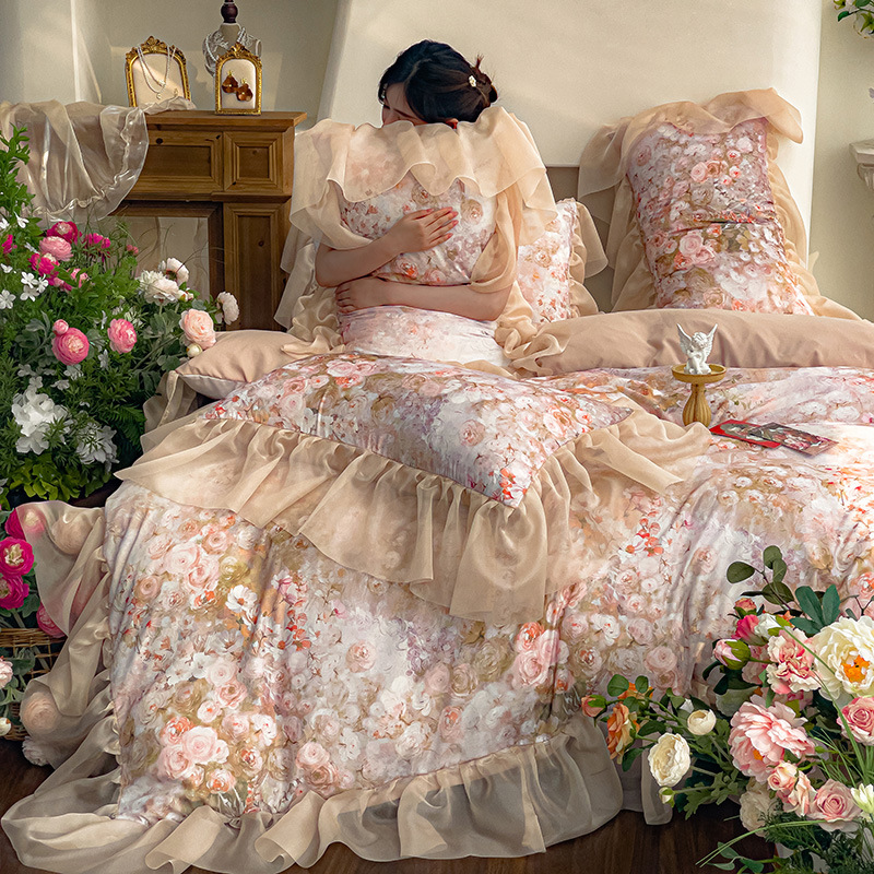 Nordic French Vintage Boho French-style Oil Painting Vintage Washed Cotton Four-piece Set, Fairy-like, Beautiful Romantic Duvet Cover, Bed Sheet,_voghion.com