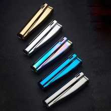 下拉電熱絲明火點煙器充電新款男士防風直沖藍火金屬打火機