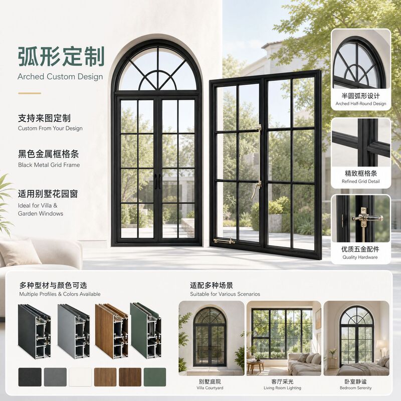 Customized French-Style Light Luxury Curved Windows, Black Metal Frame Lattice Windows, Villa Entrance Garden Windows Customized French-Style Light Luxury Curved Windows, Black Metal Frame Lattice Windows, Villa Entrance Garden Windows