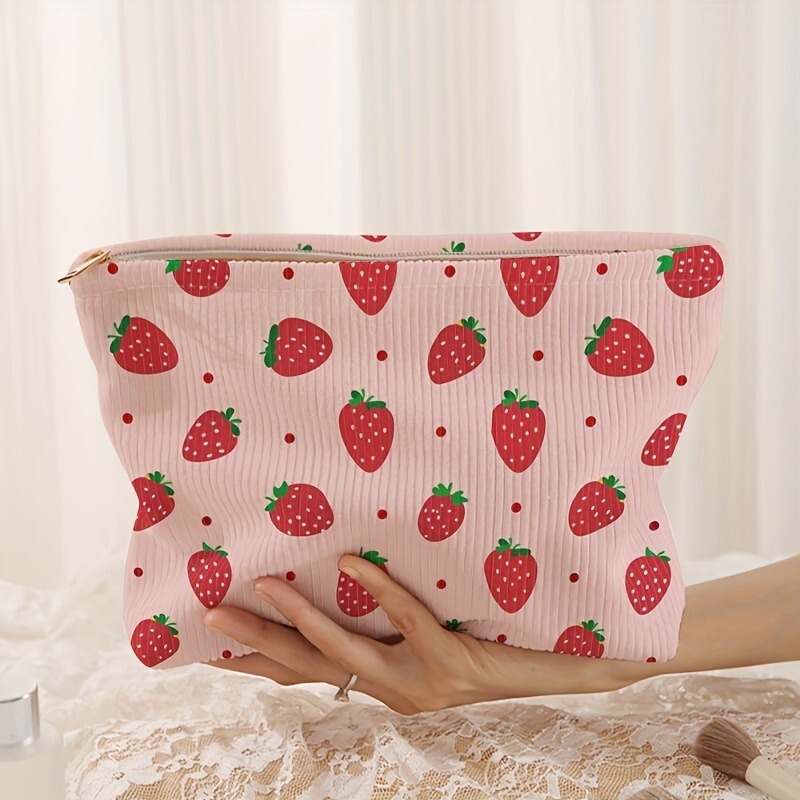 Shein Amazon Temu Pink Hand-Painted Strawberry Corduroy Zipper Storage Bag Cosmetic Bag Toiletry Bag Portable