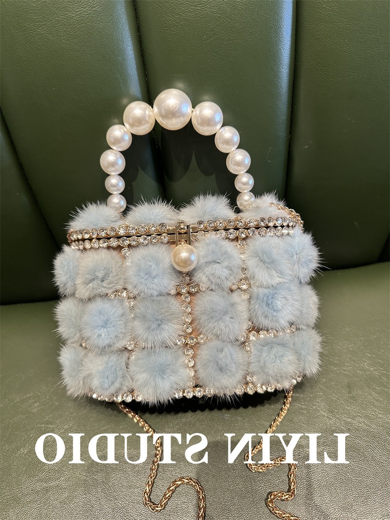 Cross-Border Metal Pearl Mink Faux Fur Bucket Bag, Sparkling Rhinestone Birdcage Handbag And Crossbody Bag For Banquets