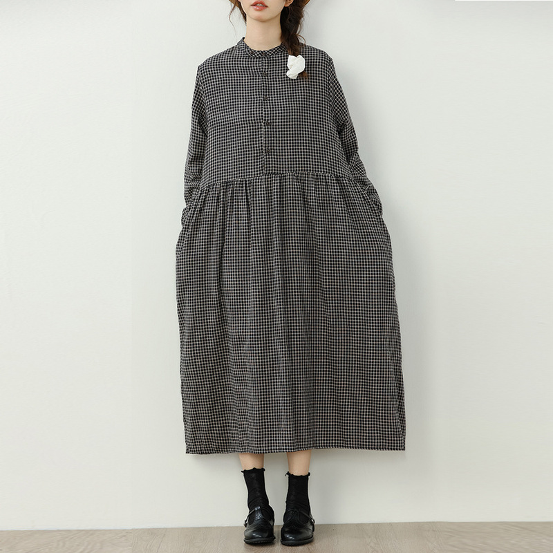 Mori plus size Artistic Loose Cotton Linen Mid-length Plaid dress Women's Long-sleeved Casual All-match Autumn New Arrival Skirt