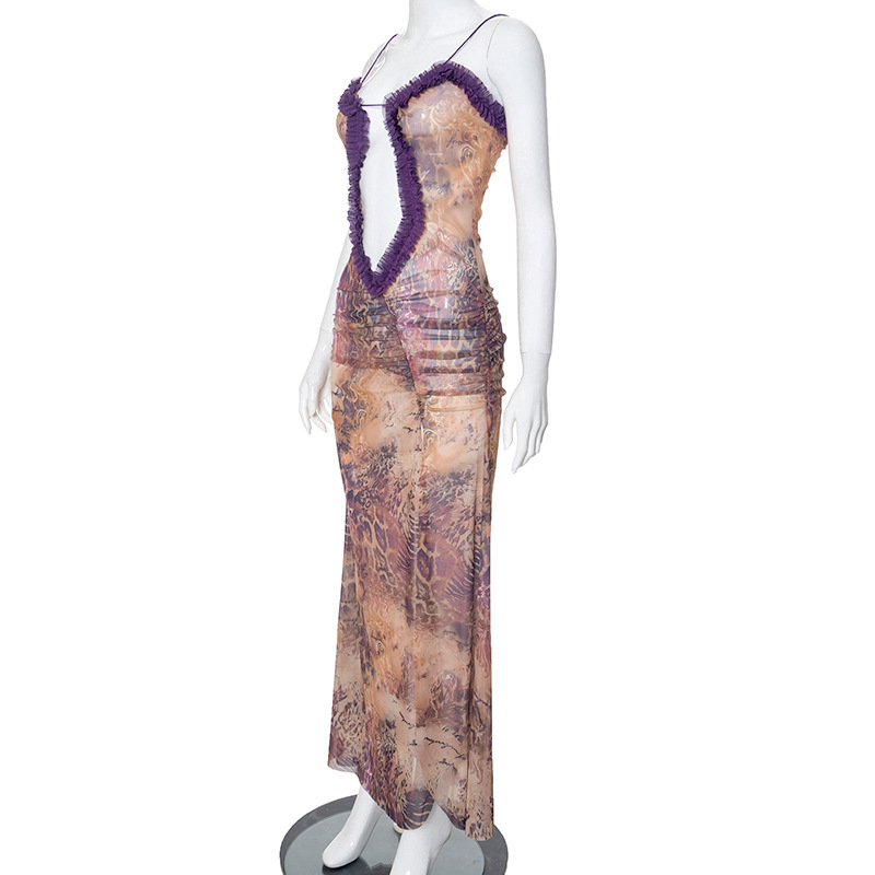 Women Clothing Hollow Out Cutout out Camisole Lace Pleated Slit Dress