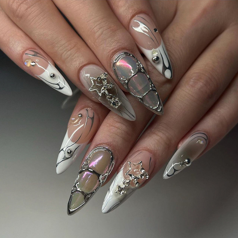French-Style White Almond-Shaped Press-On Nails with Cool Silver Star Gradient Nail Art, Fake Nails, Flame Nail Patches French-Style White Almond-Shaped Press-On Nails with Cool Silver Star Gradient Nail Art, Fake Nails, Flame Nail Patches