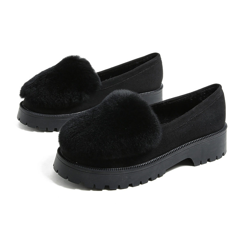 Giày lười nữ đế dày lót lông giữ ấm, giày bông mũi tròn gót 3-5 cm — Màu xám, Màu đen