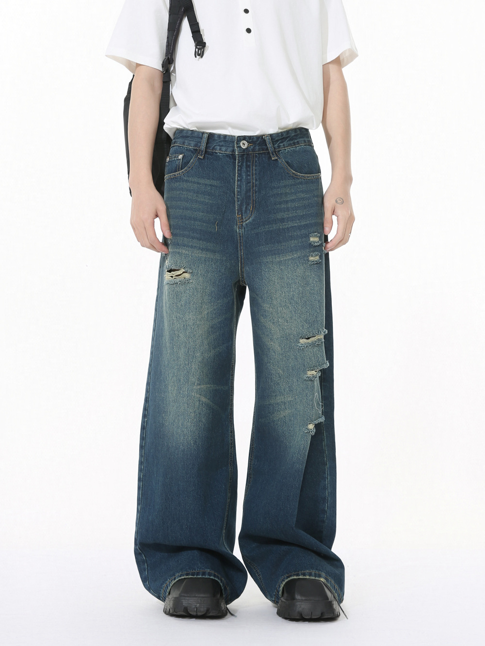 MTLCLOTHES Hombres| Nuevo estilo coreano High Street Cleanfit blanco pulido hace viejos agujeros de piernas anchas jeans de moda