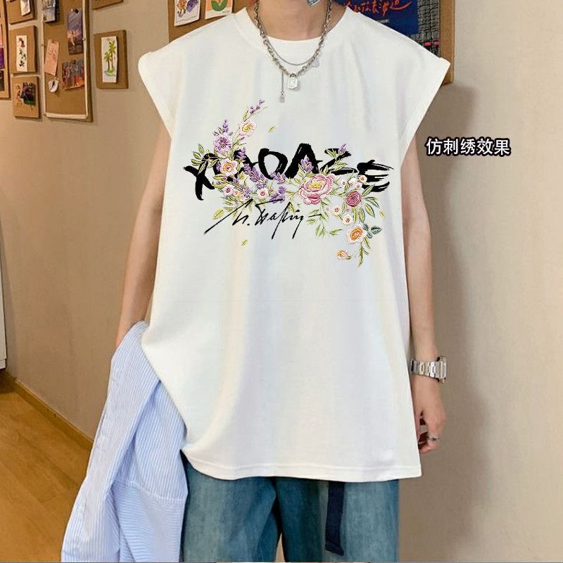 Imitation Embroidery Floral Print Vest Summer Trendy Brand Unisex Loose Sleeveless T-Shirt Sports Fashion Tank Top