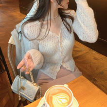 甜妹～手工钩花镂空小毛衣~V领长袖针织开衫气质上衣