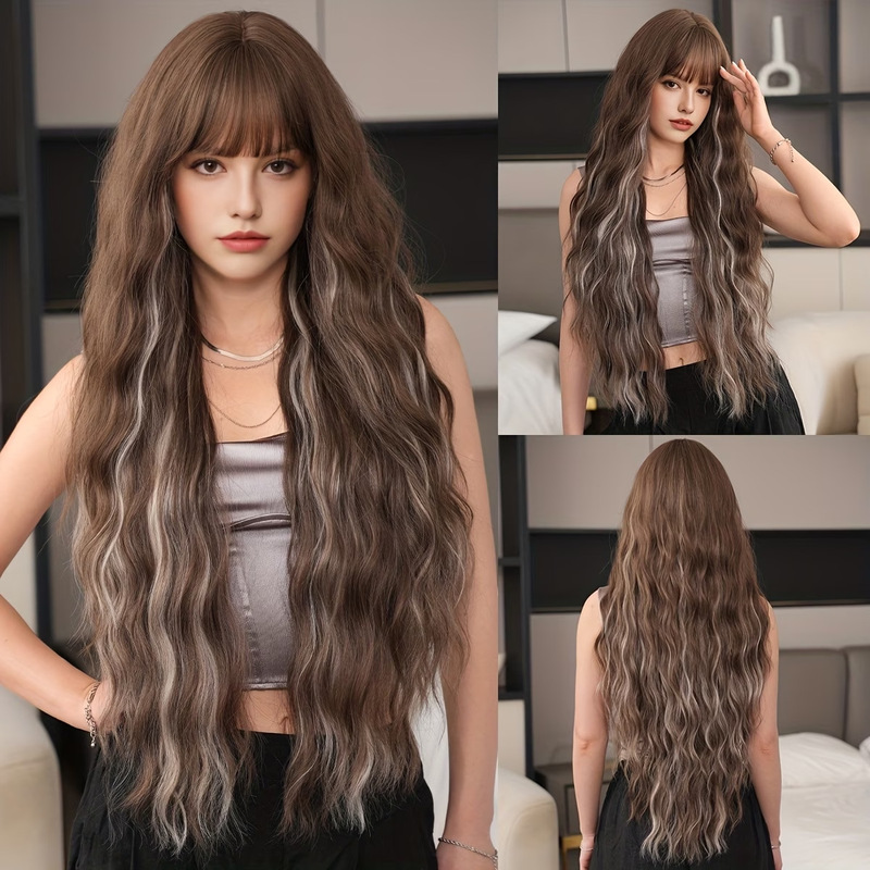 Extra-Long Wig for Women, Wavy Curly Hair with Full Bangs, Gray Highlights, Heat-Resistant Synthetic Fiber, Halloween, Affordable Price Extra-Long Wig for Women, Wavy Curly Hair with Full Bangs, Gray Highlights, Heat-Resistant Synthetic Fiber, Halloween, Affordable Price
