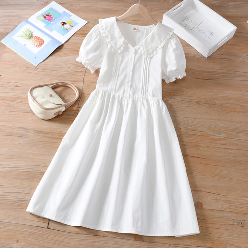 Fashionable white lace Peter Pan collar princess dress for girls, summer new dress for middle and big children, short-sleeved dress