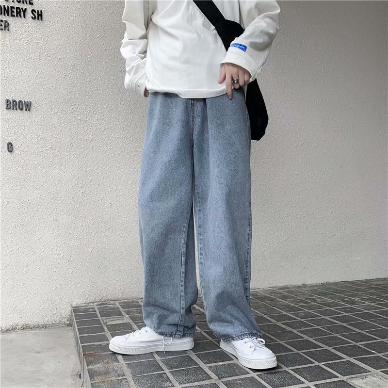 2022 Denim trousers men's fashionable straight loose summer drop-down mop pants ins trendy wide-leg daddy pants men