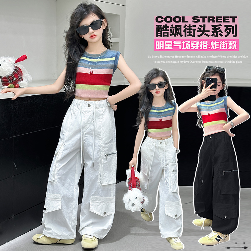 Girls' Sleeveless Vest Summer 2025 New Style Big Boy Girls' Ice Silk Breathable Top Children's Outfit Street Summer Dress