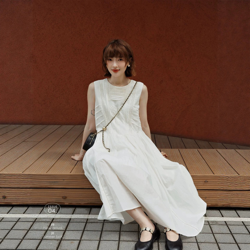 "White Drawing Original" "Yueder" Pure Cotton French Court Style Heavy-Duty Vest Dress for Petite Women "White Drawing Original" "Yueder" Pure Cotton French Court Style Heavy-Duty Vest Dress for Petite Women