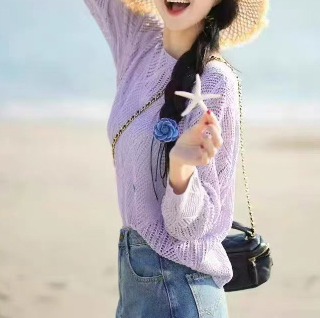 春夏新作パープル菱形ニットセーター女性用ゆったりとしたファッショナブルなボタン付き長袖プルオーバーラウンドネック春用透かし模様ブラウス|undefined