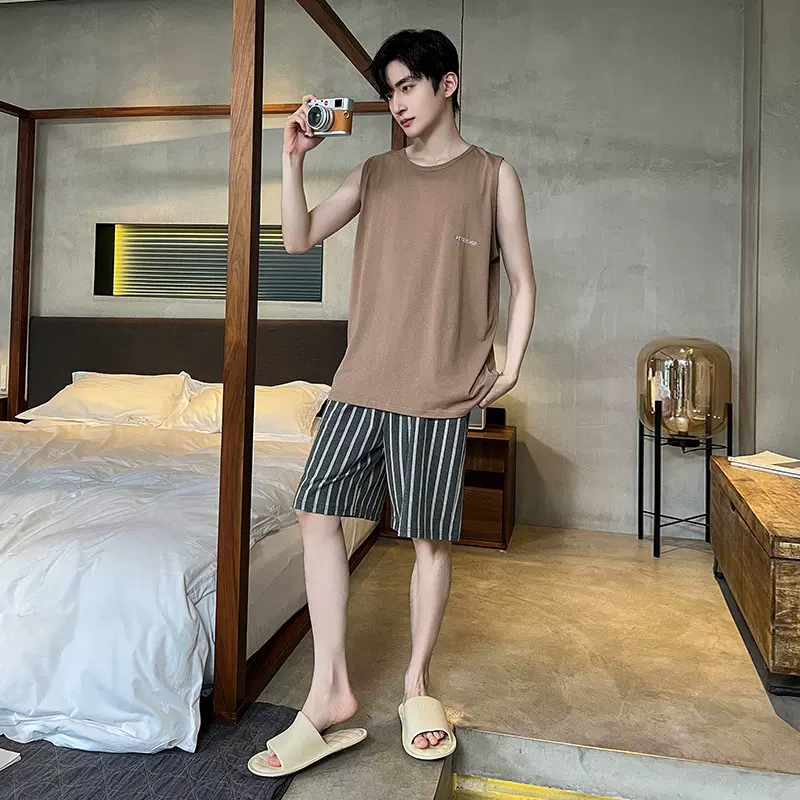 莫代尔男士睡衣夏季薄款冰丝凉爽背心短裤宽松休闲大码家居服套装