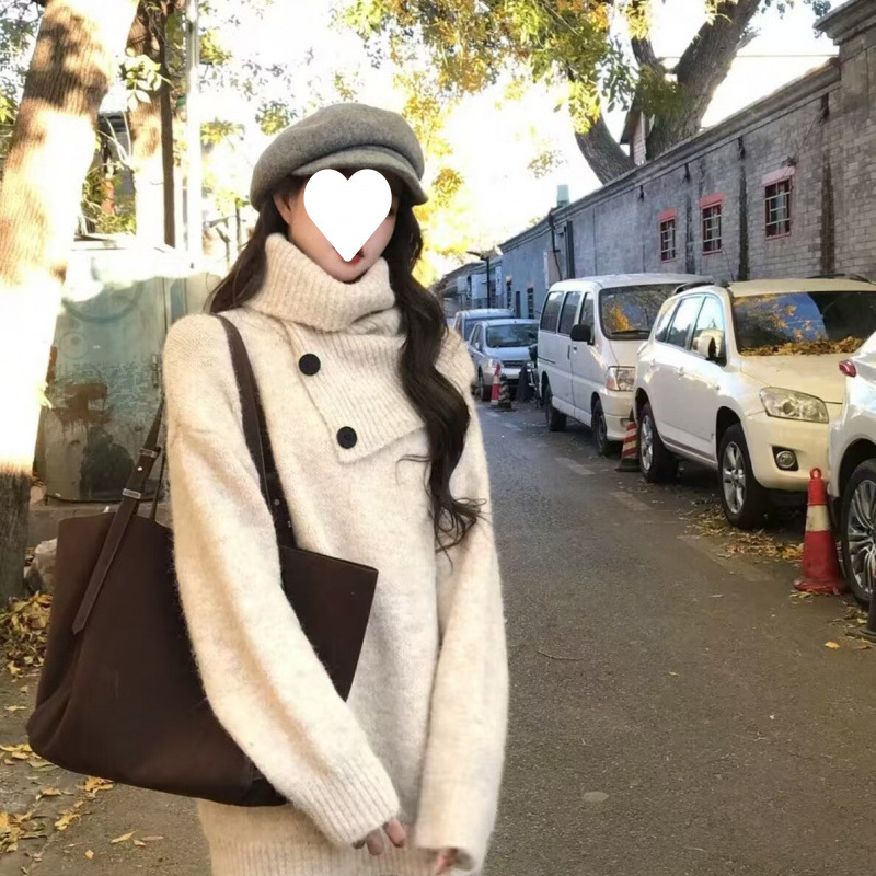 Coreana única sensación de alto nivel perezoso viento de cuello alto suéter grueso mujer diseño suelto bufandas de cabeza de dos piezas