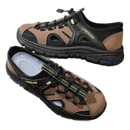 Men's Summer Outdoor Beach Sandals, Breathable Hollow-Out Thick-Soled Lace-Up Color-Block Injection-Molded Casual Shoes for Men