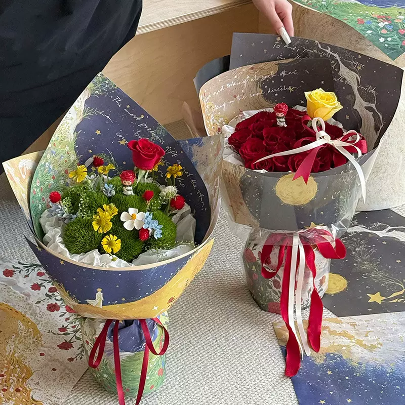 七夕新品邂逅星辰油画风包装纸鲜花小王子花束包花材料花艺资材