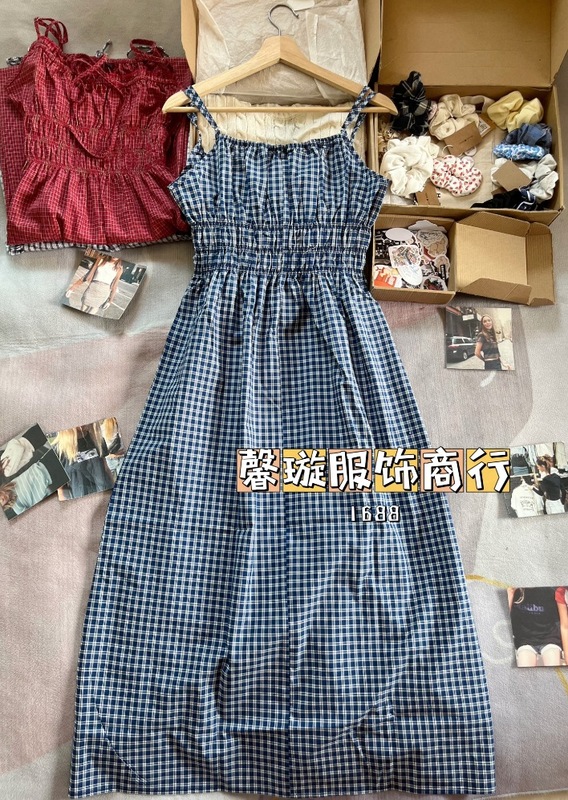 BM スタイルブルーチェック柄ウエスト痩身サスペンダードレス bm 女性ノースリーブスカートホリデースタイルレースアップロングスカート|undefined