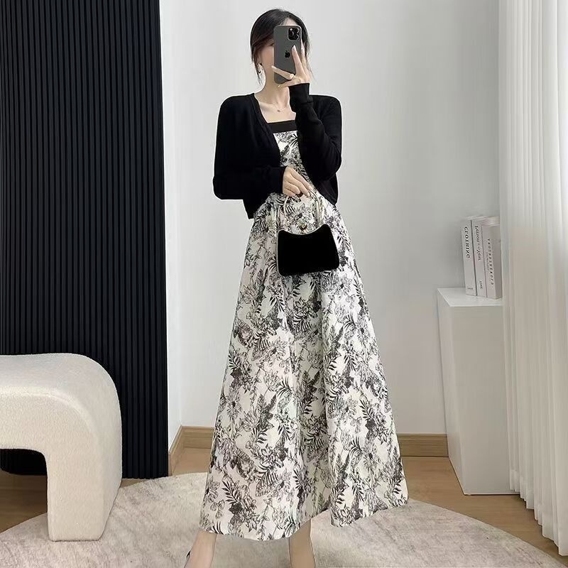 【Two-Piece Set】2025 New Black Cardigan Jacket Sleeveless Floral Print Long Dress Set 【Two-Piece Set】2025 New Black Cardigan Jacket Sleeveless Floral Print Long Dress Set