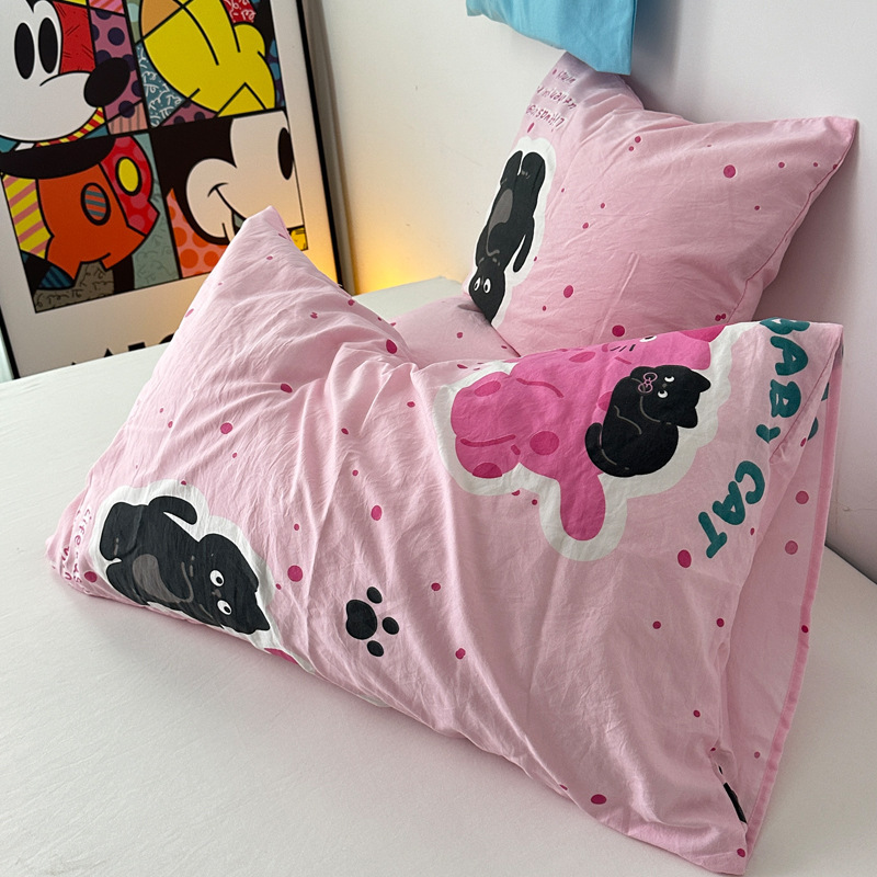 Ins少女心かわいいピンク猫水洗い二重糸シングル枕カバー一対単品枕カバー48*74cm芯なし|undefined