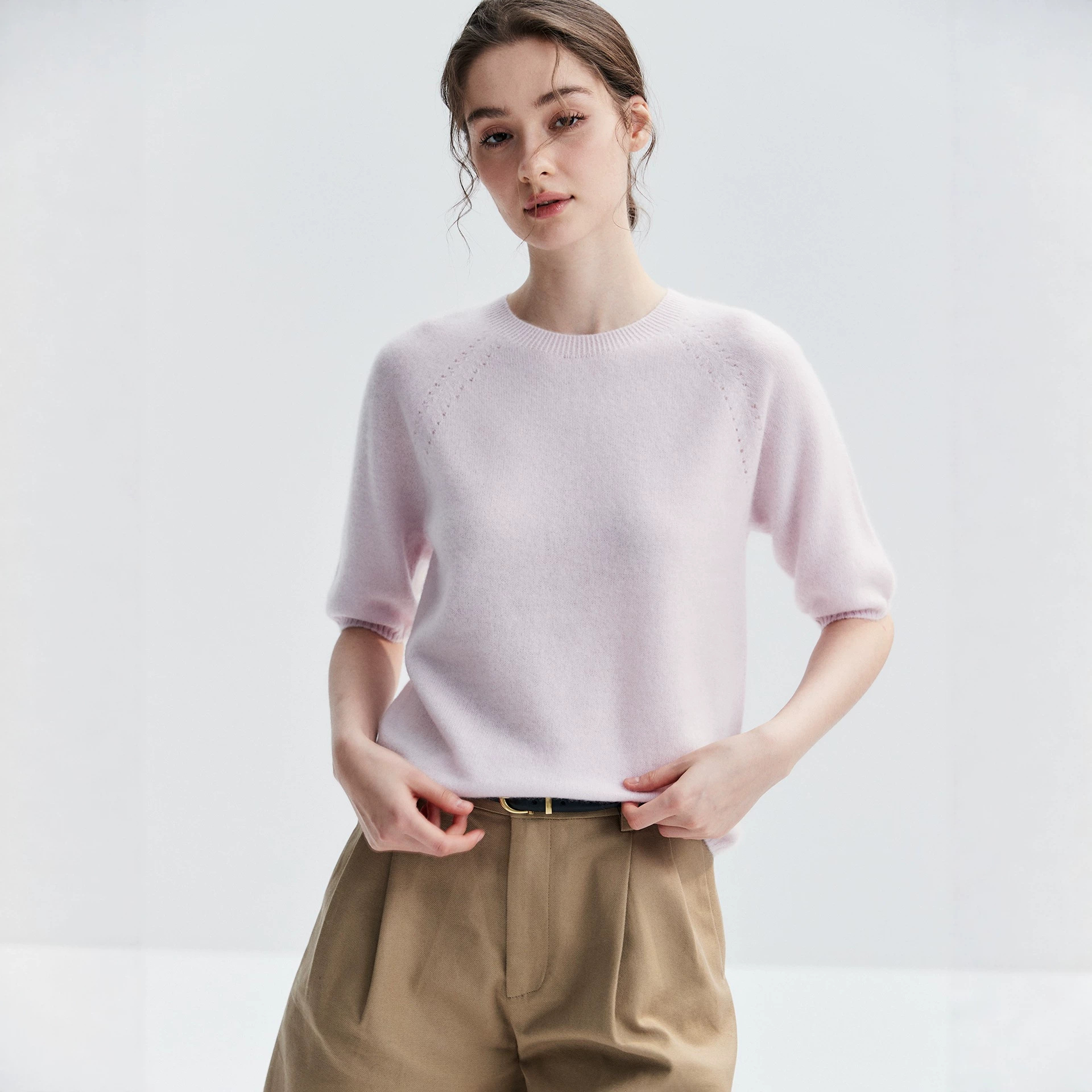 Cony 2026 Autumn/Winter 100% Cashmere Ready-to-Wear Crew Neck Short Sleeve Knit Sweater Base Layer Half-Sleeve