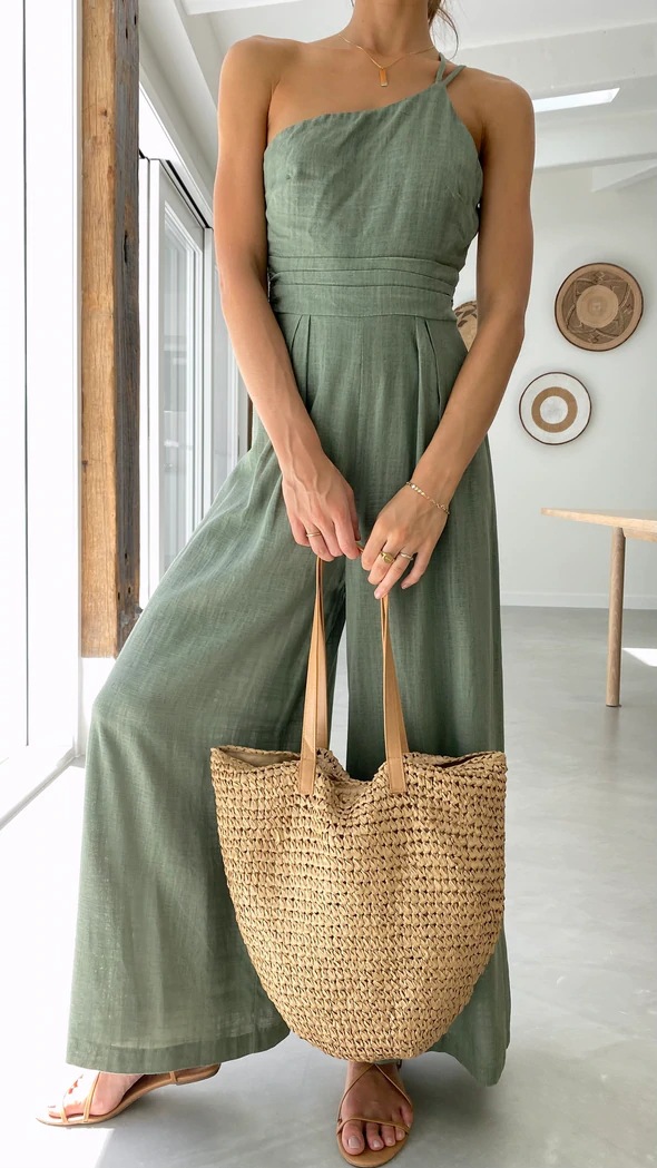 Solid Color Loose Wide-Leg Cotton Linen Jumpsuit - Jumpsuits & Rompers - Uniqistic.com