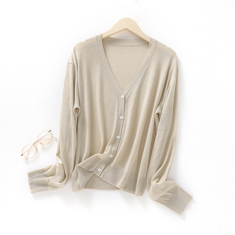 New Style Summer Air-conditioning Shirt Exquisite Simple V-neck Linen Loose Lazy Style Long-sleeved Sunscreen Knitted Cardigan for Women New Style Summer Air-conditioning Shirt Exquisite Simple V-neck Linen Loose Lazy Style Long-sleeved Sunscreen Knitted Cardigan for Women