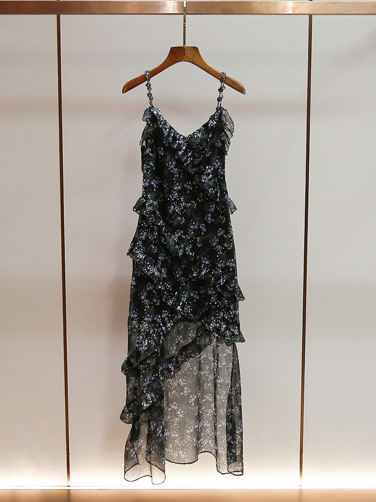 Shenzhen Nanyou Classy Women's Summer New Long Asymmetrical Ruffled Floral Mesh Suspender Dress for Women