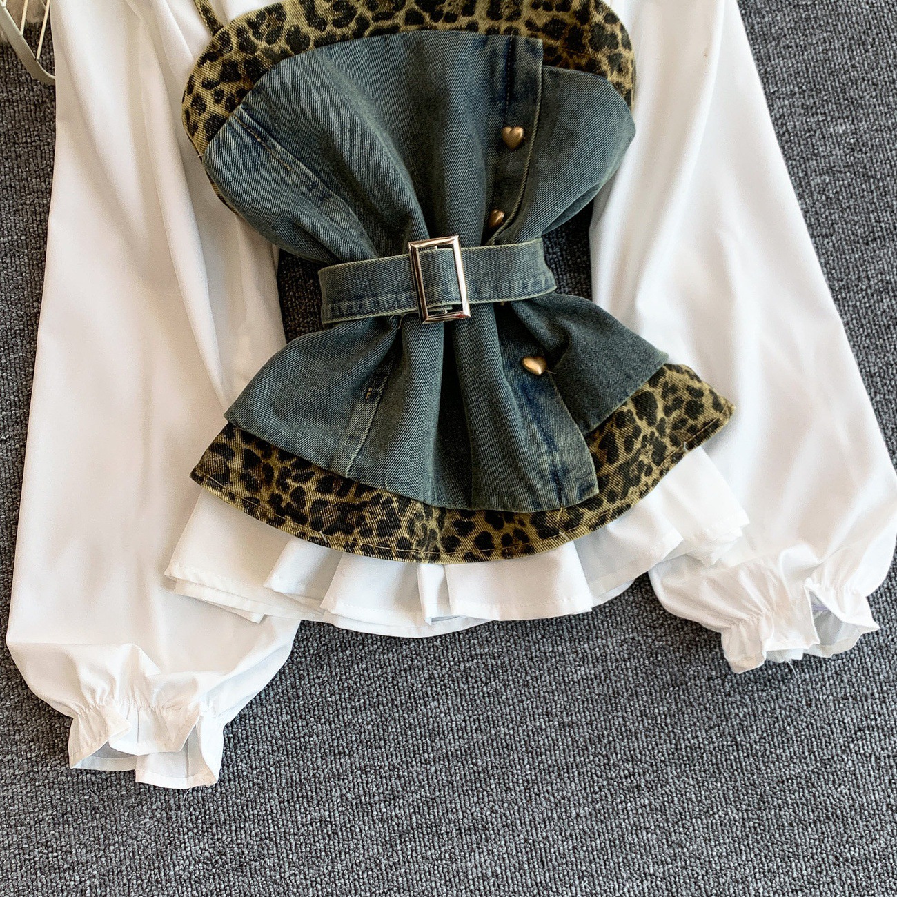Women's Denim Leopard Print Slimming Shirt Dress Lace Up Design Suspender Top Elegant Fashion Unique Edgy Chic Sophisticated Clothing_ecoleips.com
