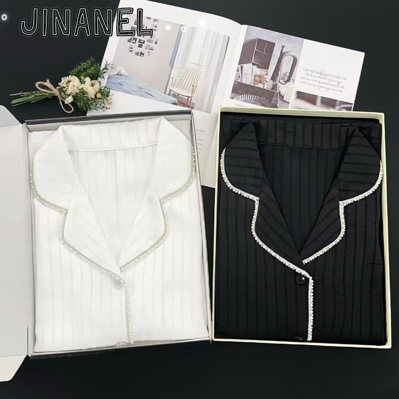 Celebrity Style Pearl-Edged Ice Silk Pajamas for Women, Hollow Long-Sleeved Pants, Lace Home Wear Set, High-End Celebrity Style Pearl-Edged Ice Silk Pajamas for Women, Hollow Long-Sleeved Pants, Lace Home Wear Set, High-End