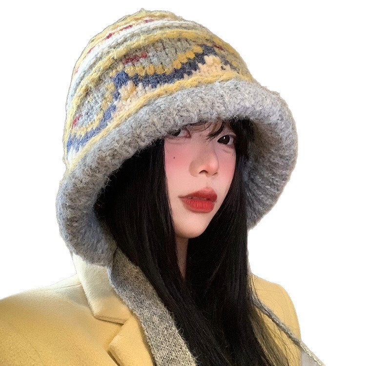 费尔岛风百搭大头围保暖帽冬季时尚复古毛线帽户外休闲防寒帽子女|undefined