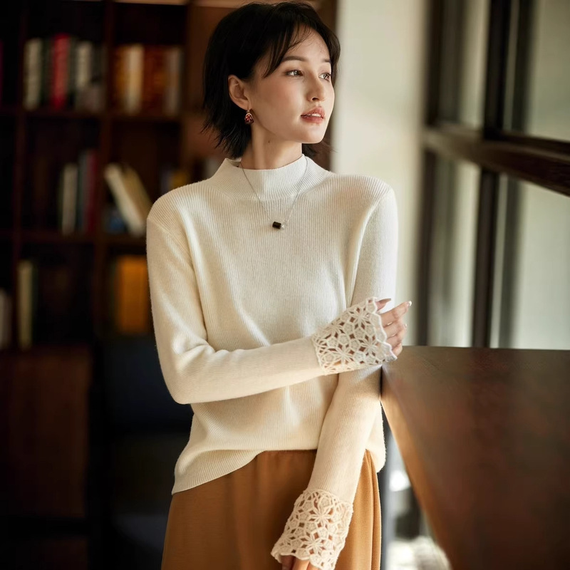 Crochet Tight-Fitting High-Elastic 100% Pure Wool Sweater Women's Slim Sweater 2025 Autumn and Winter Half Turtleneck Knitted Bottoming Shirt