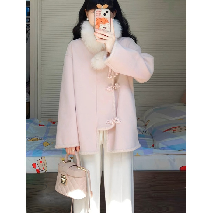 新中式粉色小香风外套女秋冬2025新款小个子加厚中长款毛呢大衣|undefined