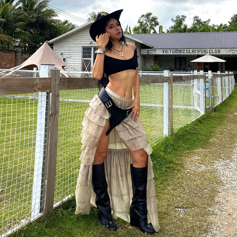 跨境欧美风2025秋季新款女装百搭潮流出街高腰荷叶边开衩半身裙|undefined