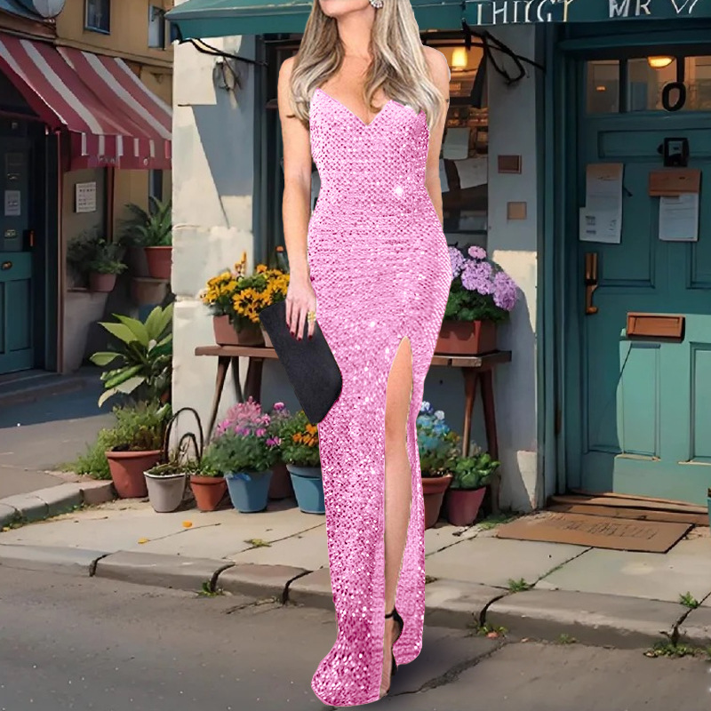 2025 verano transfronterizo nuevo estilo de las mujeres europeas y americanas de cintura alta sexy vestido de moda con tirantes y lentejuelas vestido dividido image 14