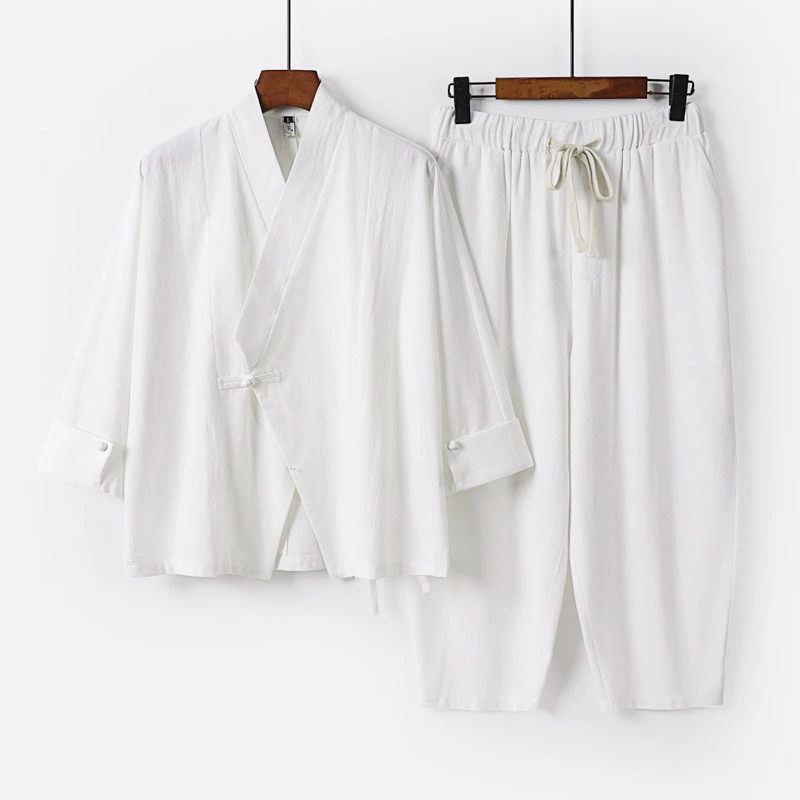 Летний костюм из хлопка и льна с рукавом три четверти в китайском стиле, китайский костюм Тан, Ханфу, комплект из двух предметов в стиле ретро, ​​чайный костюм дзен, мужская одежда