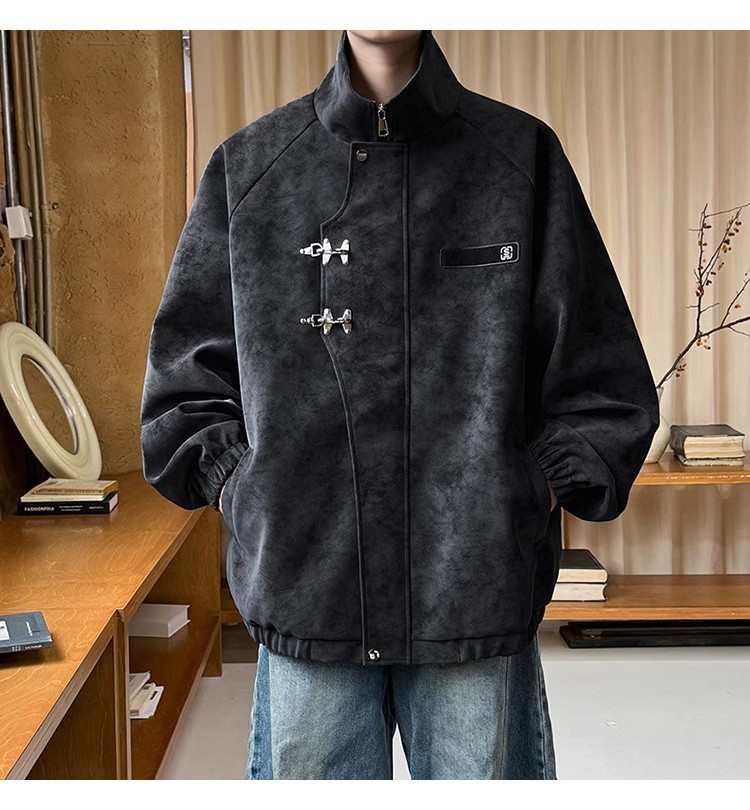 American High Street Buckle Locomotive Pu chaqueta de cuero hombre marca de invierno y otoño suelta retro alta sensación de abrigo de cuero de cuello vertical