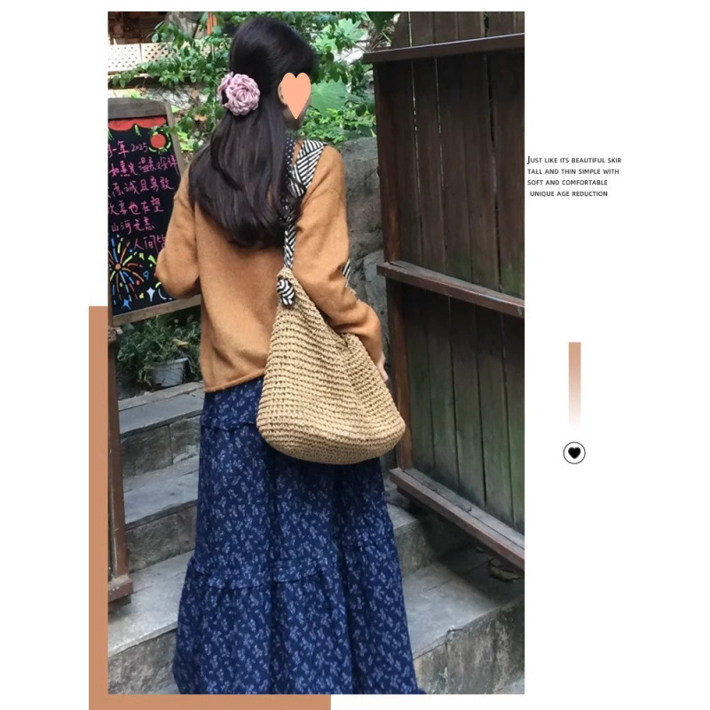 法式复古碎花半身裙女春季新款高腰显瘦遮胯a字半裙中长款大摆裙|undefined