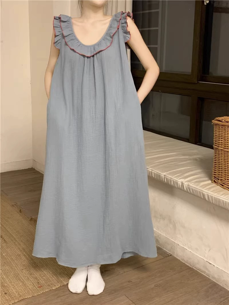Summer Sleeveless Pajama Dress, Princess Style, Blue, Sizes M–XXL
