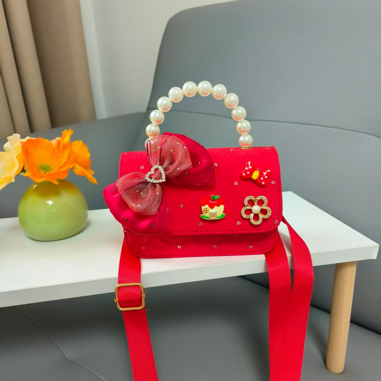 Bolso de la princesa portátil de perlas de Año Nuevo gran rojo para niños bolso de Año Nuevo bolso de chicas bolso de cadena pequeña bolsa de accesorios de viento fragante