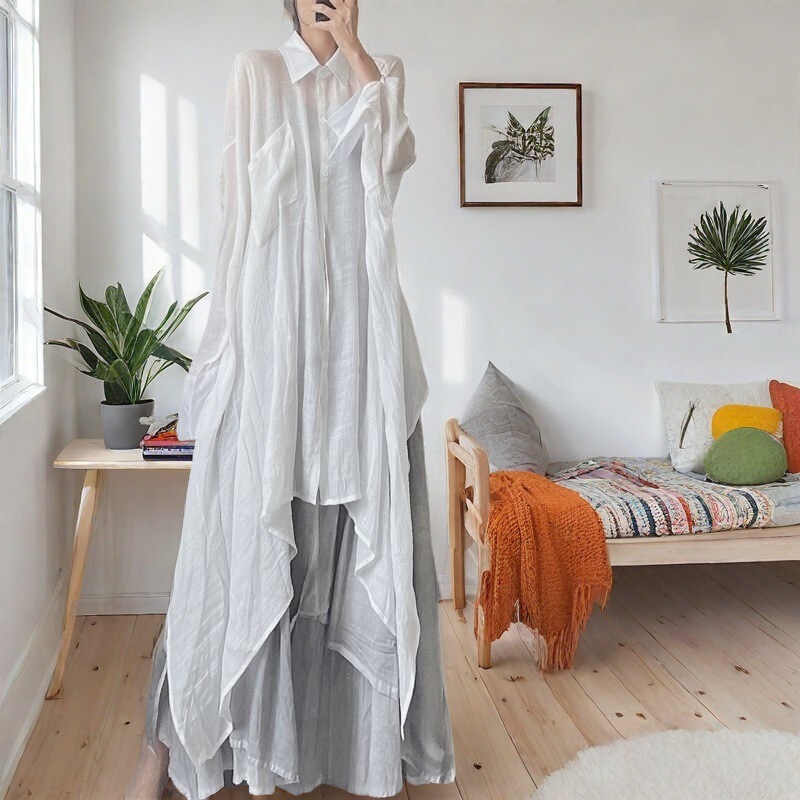 [Store Hot Sale] Irregular Elegant Hem Linen Shirt Women's Plus Size Women's Shirt Skirt Mid-Length Flip