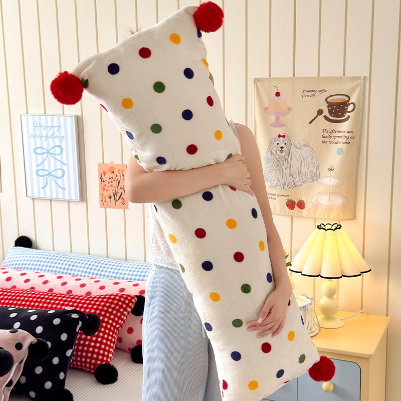 Ins Simple Girly Colorful Polka Dot Milk Plush Ball Long Pillow Living Room Sofa Nap Pillow Pregnant Women Waist Pillow