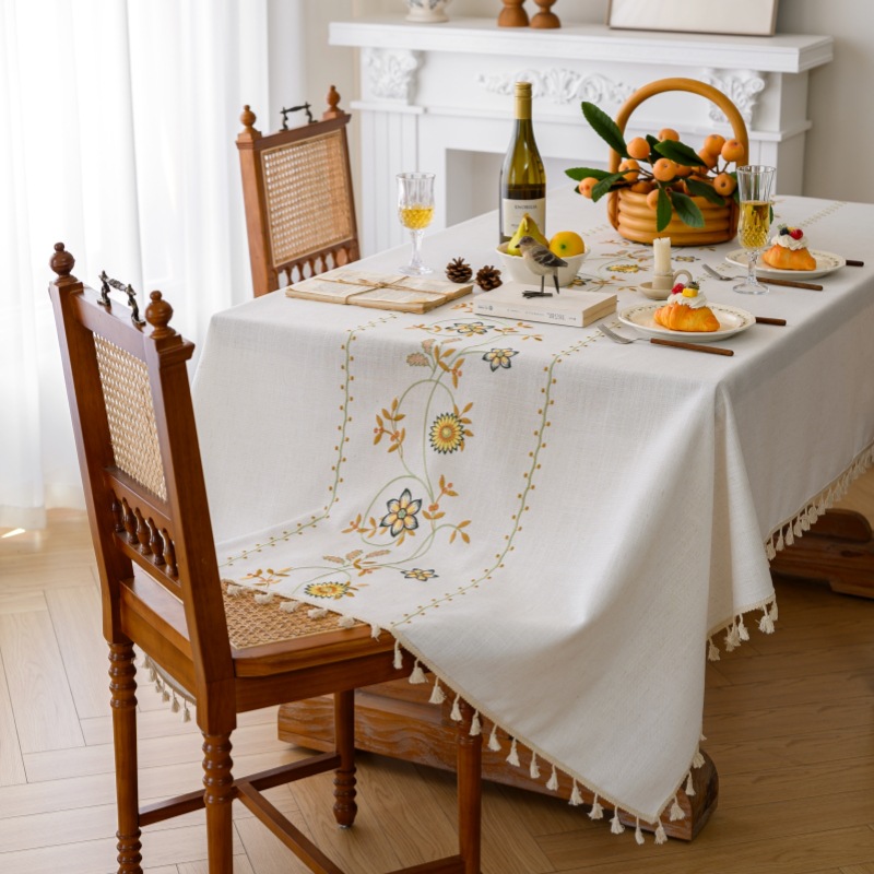 2025 New Waterproof Cotton and Linen Embroidered Tablecloth, French-Style Fresh Tablecloth, Coffee Table Cloth, Embroidered High-End Tablecloth