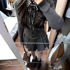 小香风灰色假两件格子针织开衫女秋季韩系毛衣外套修身设计感上衣