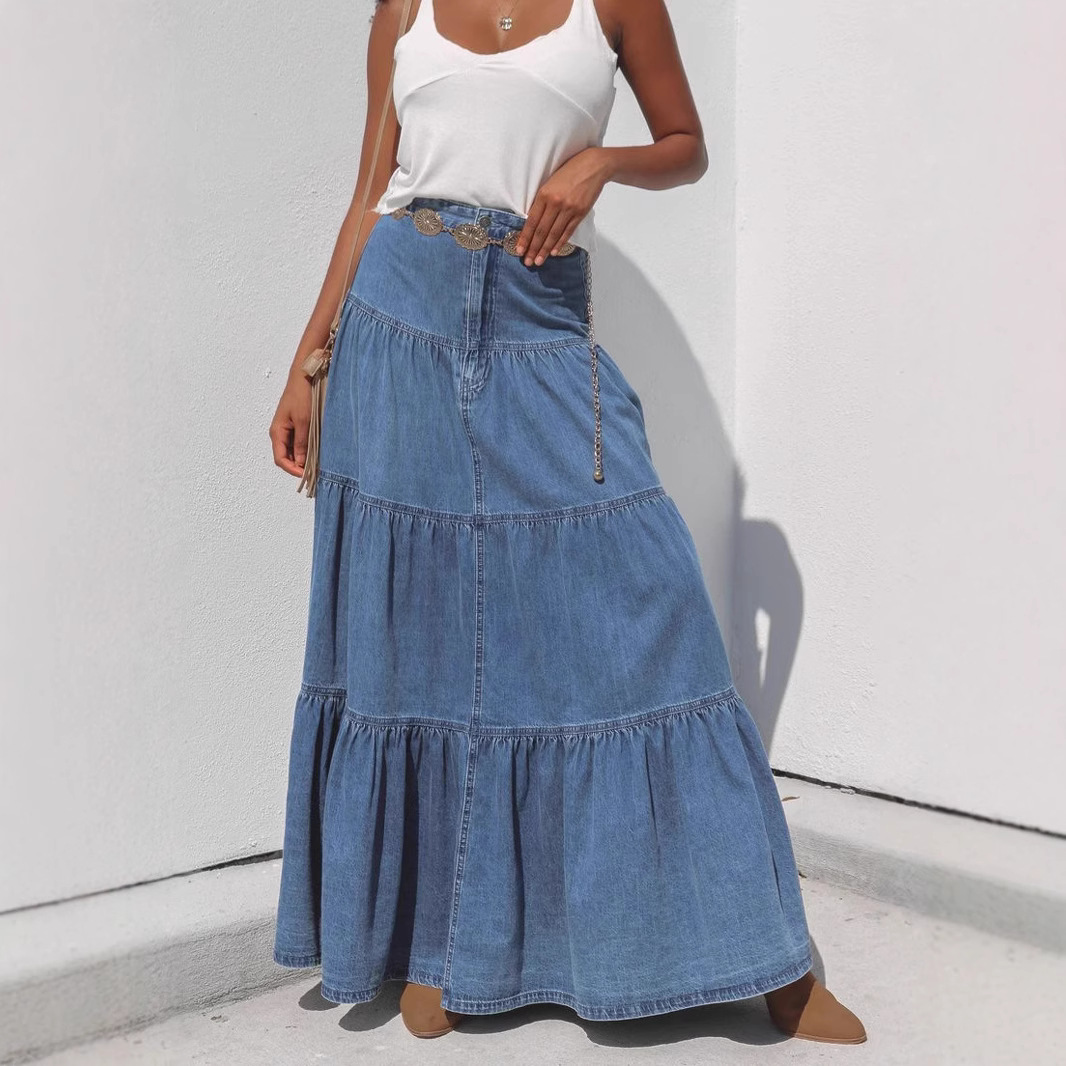 跨境欧美夏季ins街头辣妹低腰做旧度假风蛋糕百搭牛仔半身裙女装