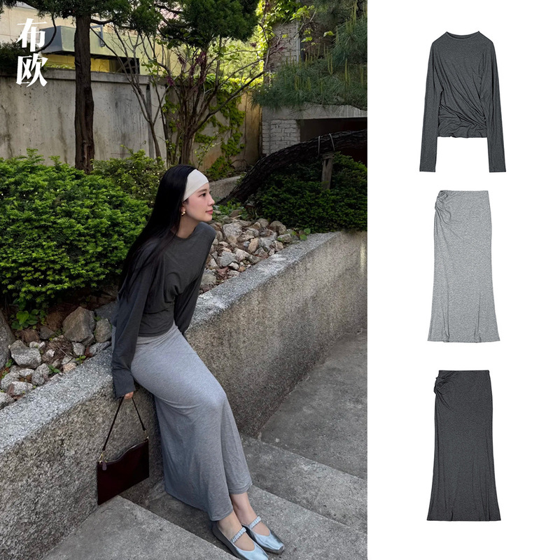 [Clearance, No Returns or Exchanges] Designer Series: Pleated Easy-Fit Long Dress, Loose Asymmetrical Cut Pleated Long-Sleeve Top