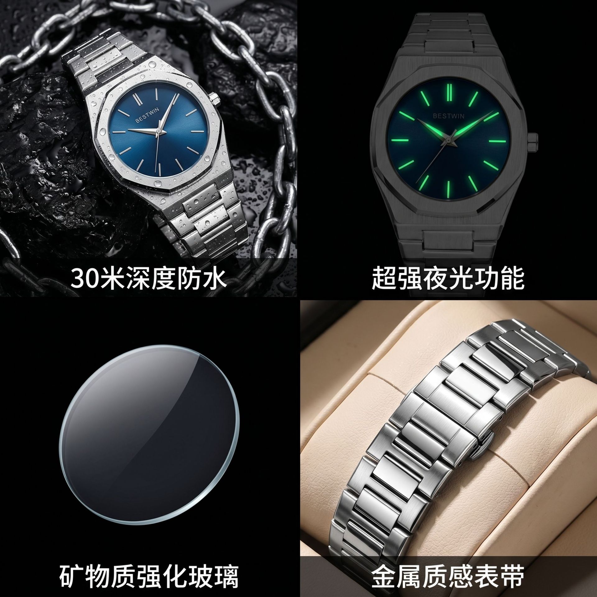 Reloj de los hombres marca impermeable cuarzo bestwin nuevo comercio exterior al por mayor popular reloj mariposa doble botón a presión
