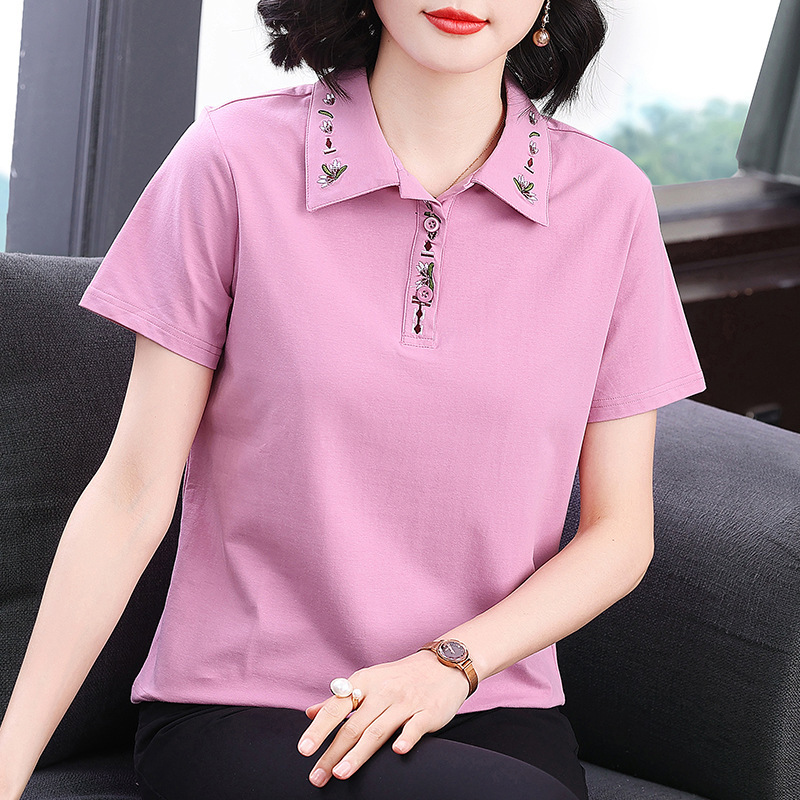Cotton Short-Sleeved Summer 2025 Polo New Fashion Middle-Aged and Elderly Style Loose Mother's Top Korean Style Lapel T-Shirt
